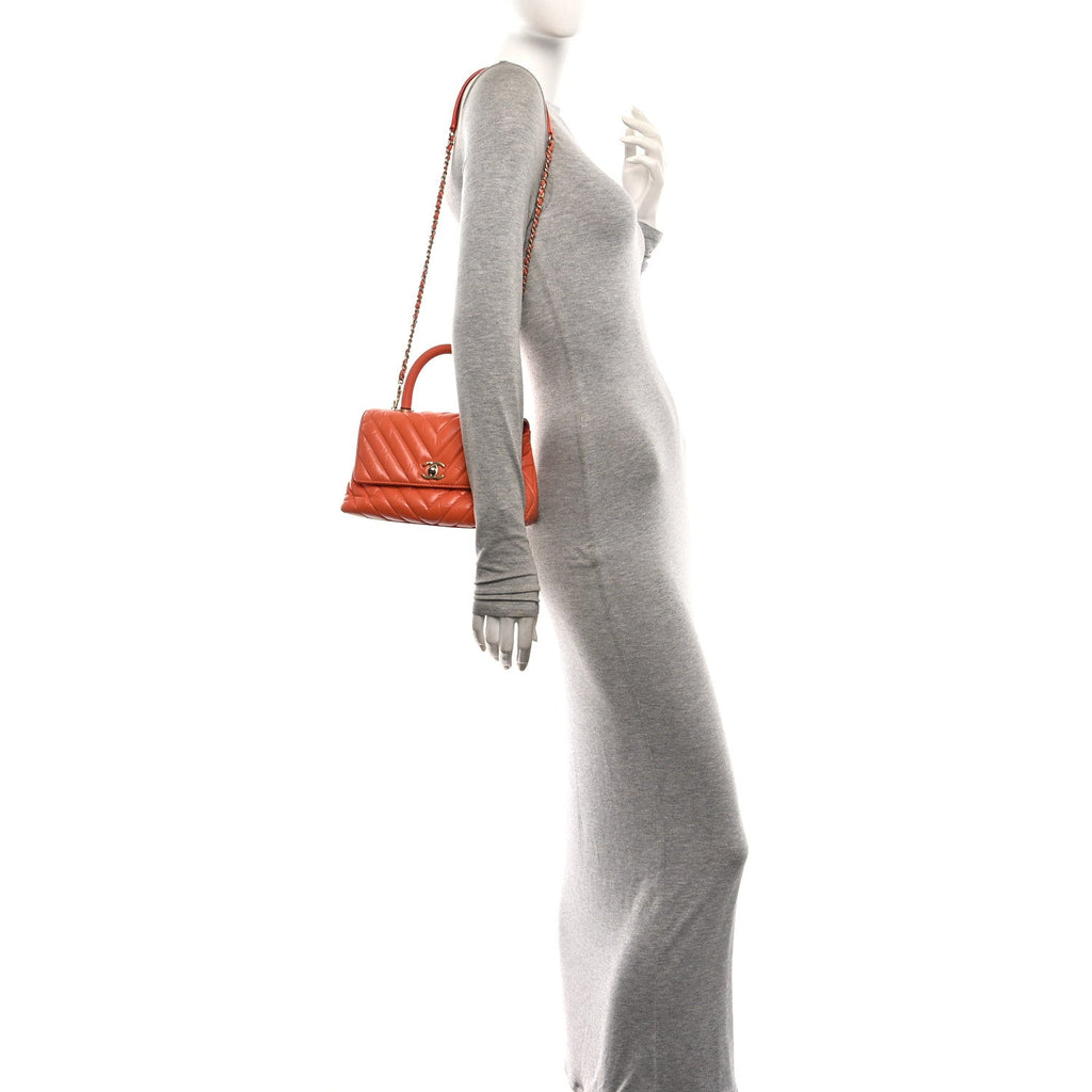 Aged Calfskin Chevron Quilted Mini Coco Handle Flap Orange
