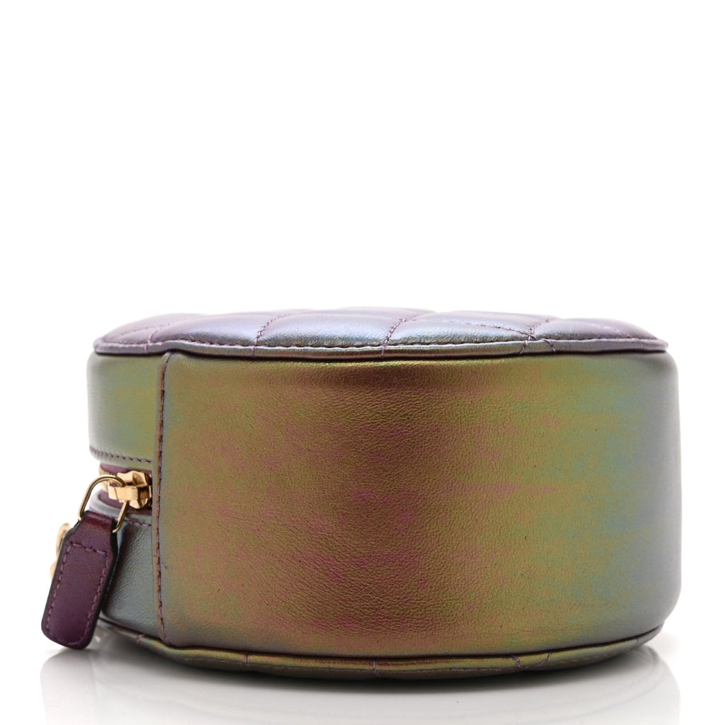 Iridescent Lambskin Quilted Round Clutch With Chain Purple