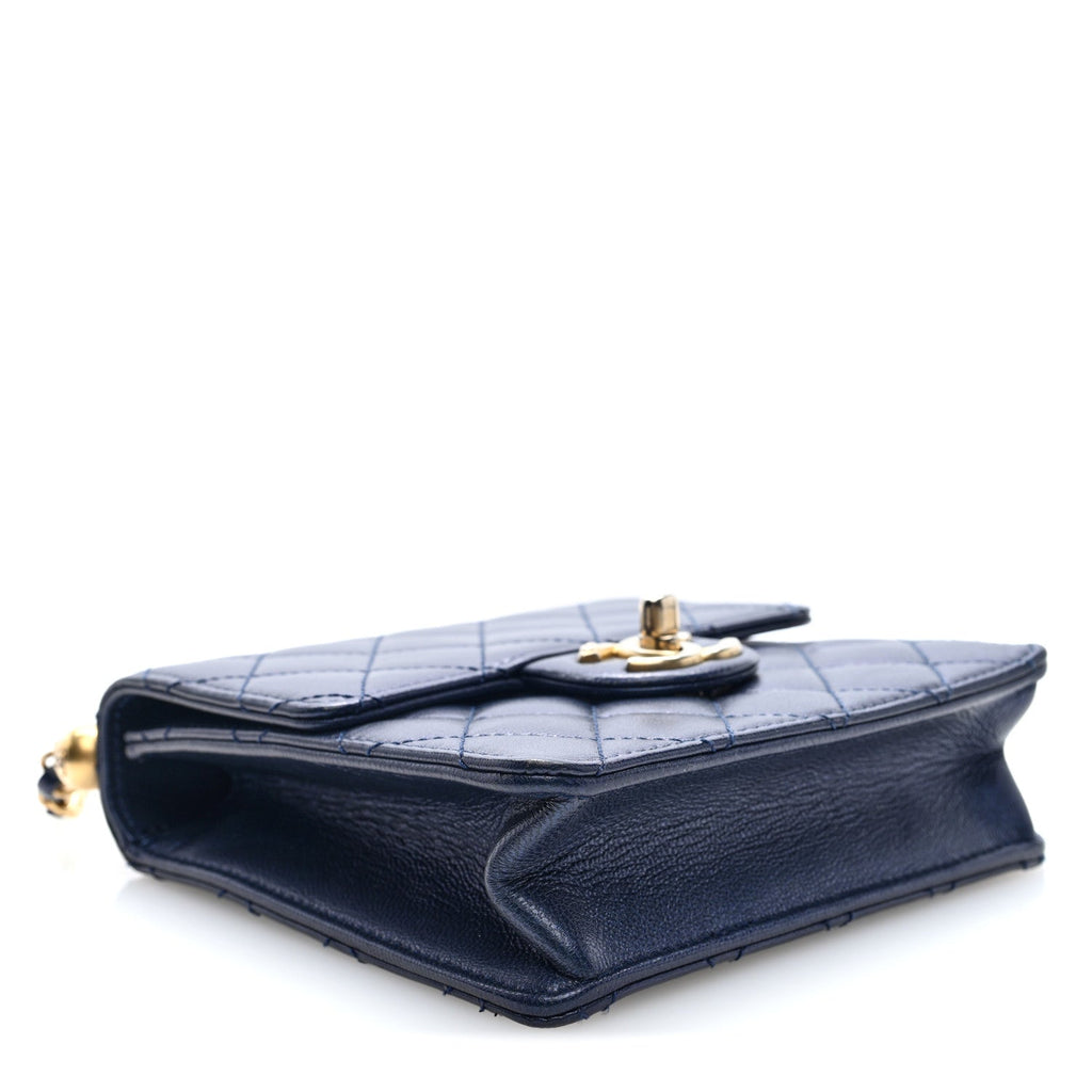 Iridescent Lambskin Quilted Chic Pearls Flap Navy Blue