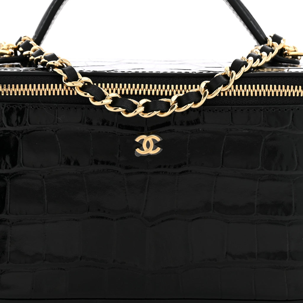 Calfskin Crocodile Embossed Crococo Small Top Handle Vanity Case With Chain Black