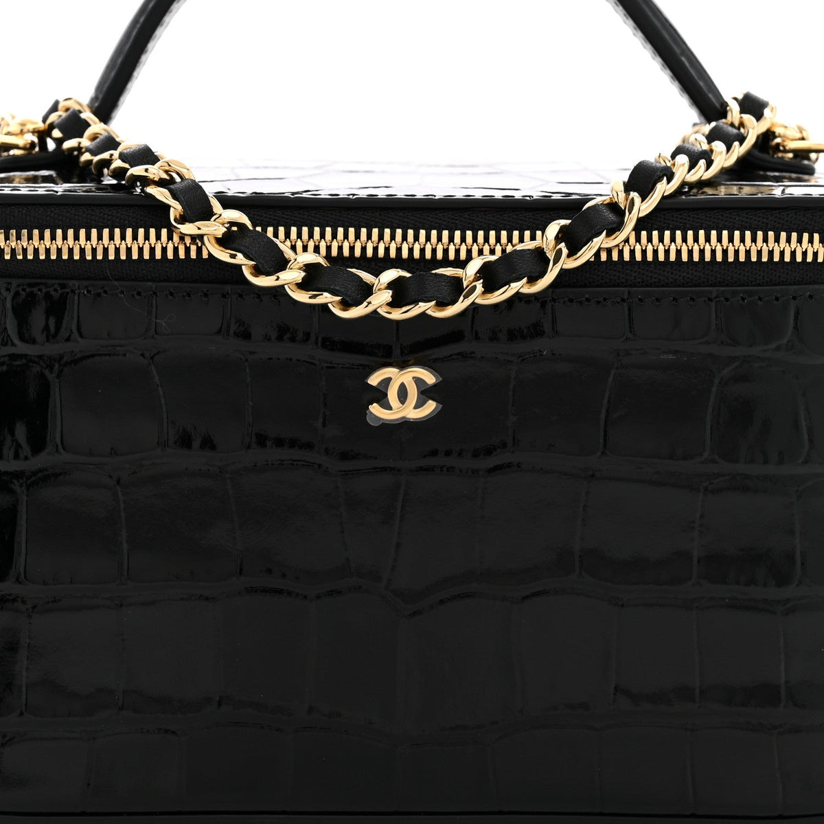 Calfskin Crocodile Embossed Crococo Small Top Handle Vanity Case With Chain Black