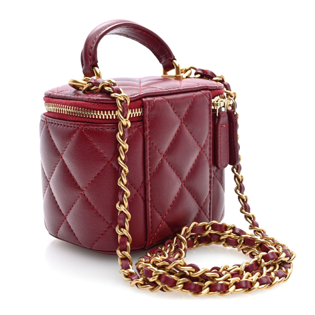 Lambskin Quilted Mini Top Handle Vanity Case With Chain Burgundy