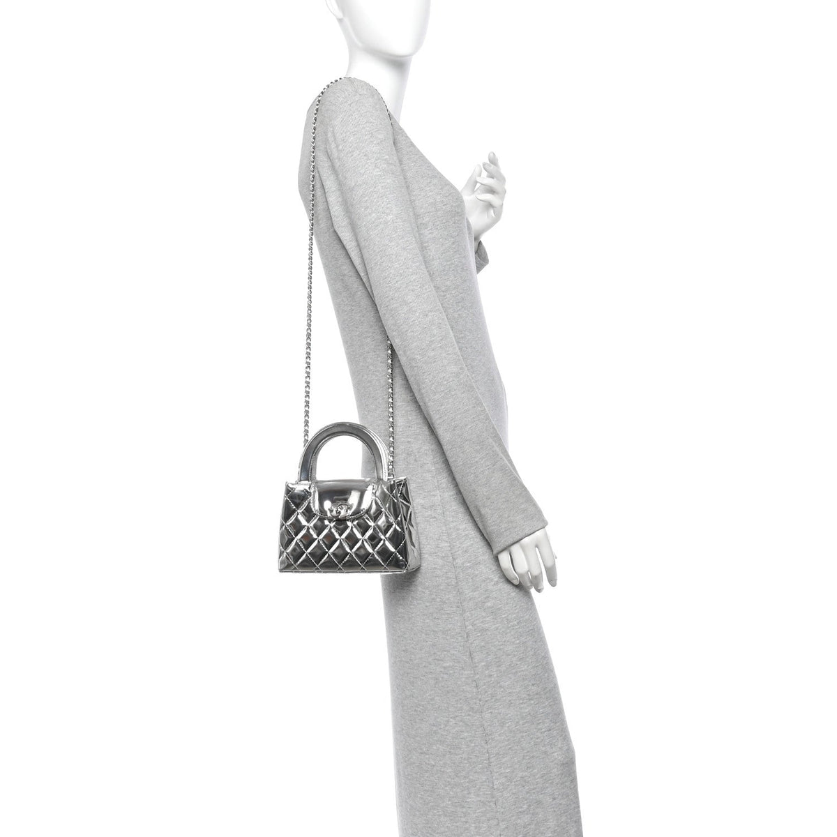 Mirror Calfskin Metallic Calfskin Quilted Nano Kelly Shopper Silvery