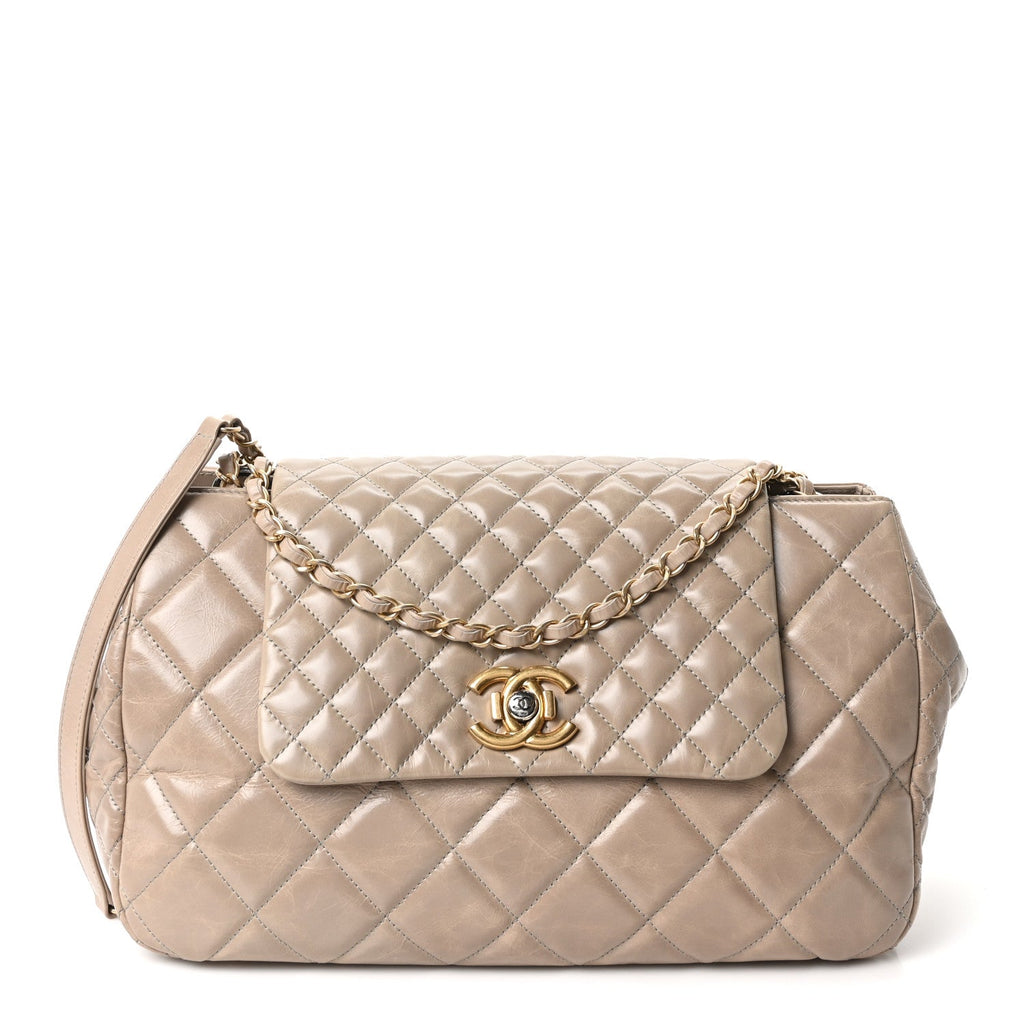 Glazed Calfskin Quilted Large Daily Walk Flap Beige
