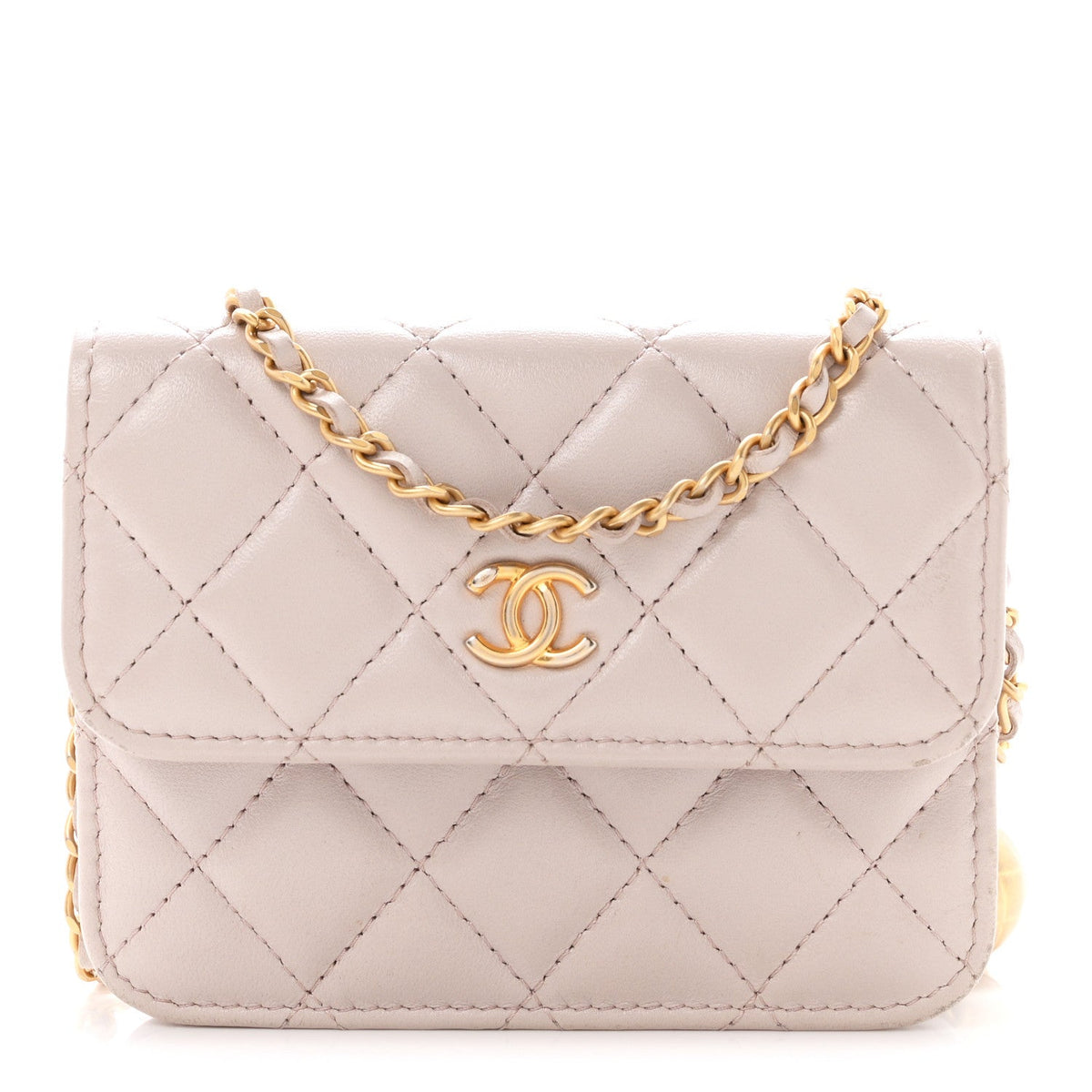 Lambskin Quilted CC Pearl Crush Wallet on Chain WOC Light Purple
