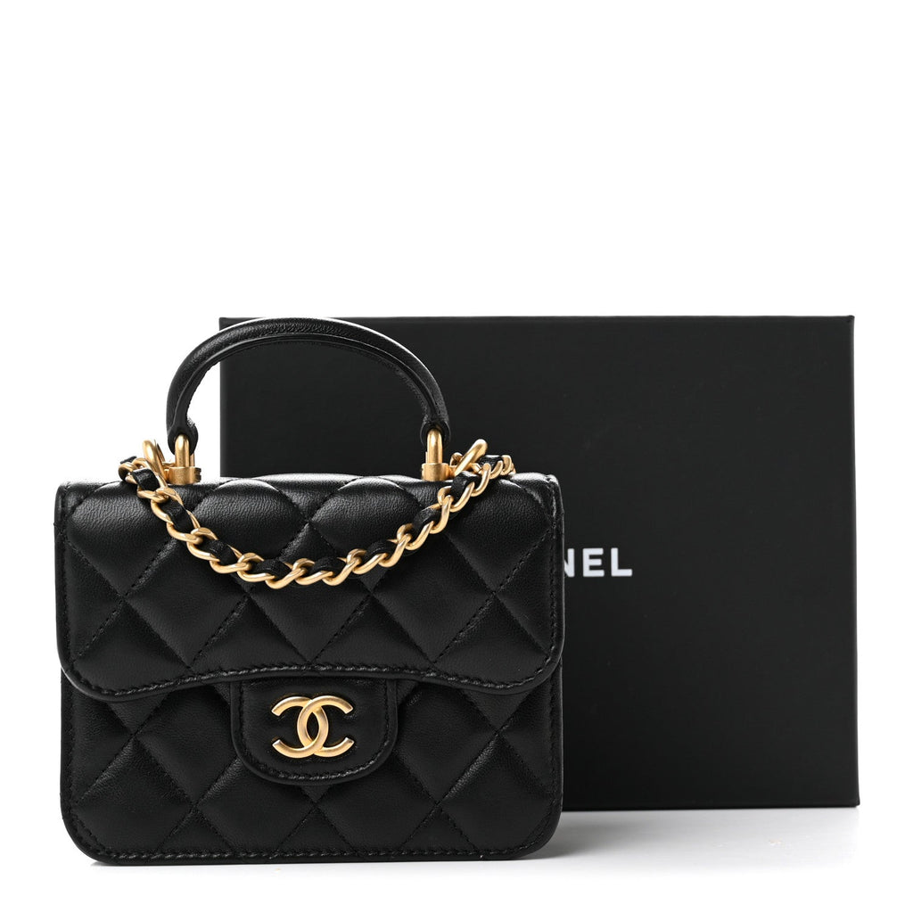 Lambskin Quilted Top Handle Flap Coin Purse With Chain Black