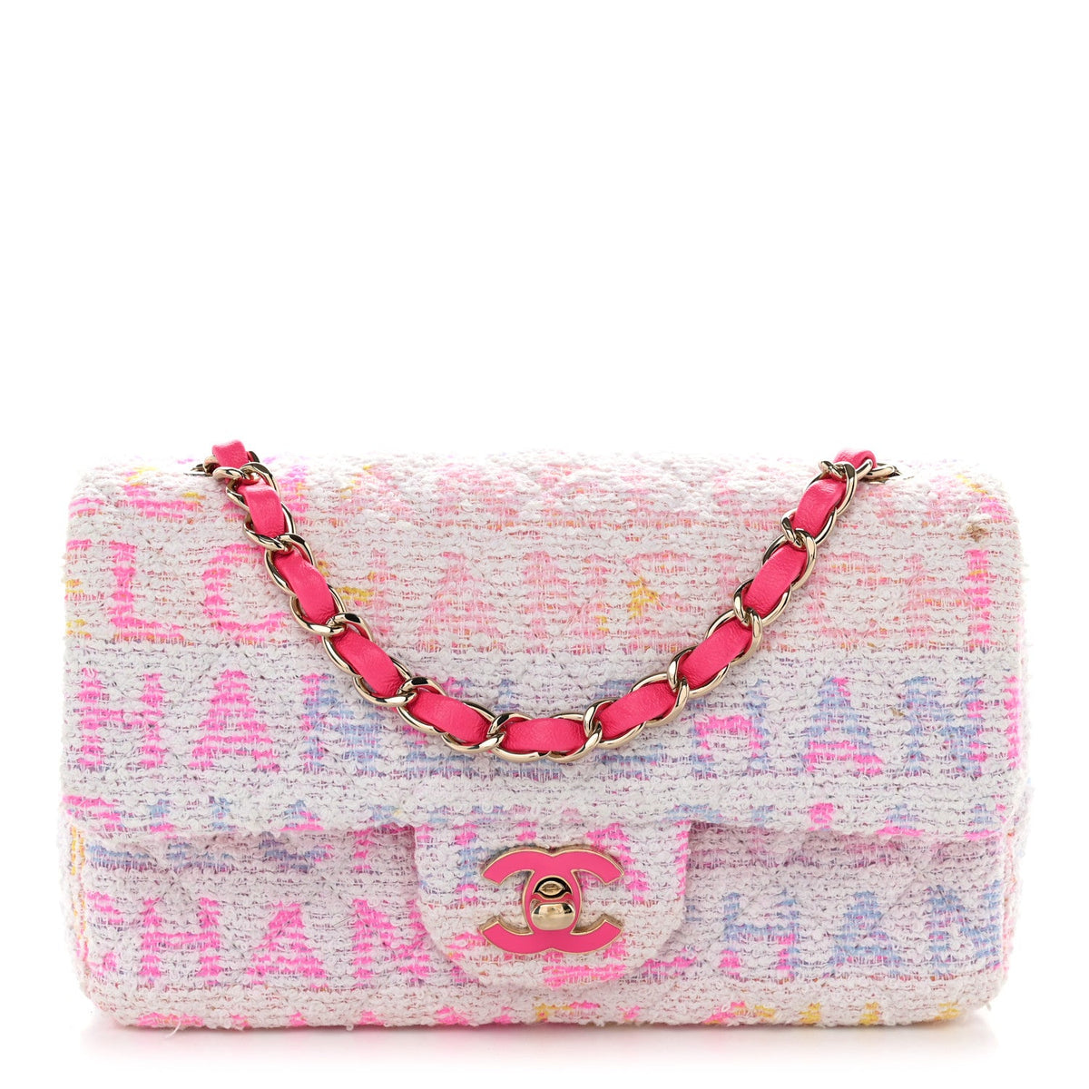 Tweed Quilted Enamel CC Logo Mini Rectangular Flap Pink Multicolor