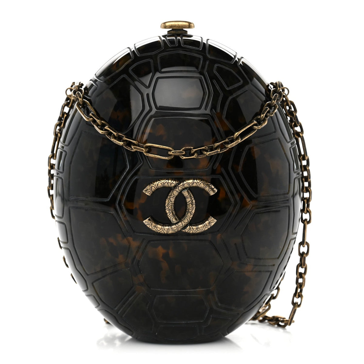 Plexiglass Shell CC Round Minaudiere Clutch Brown