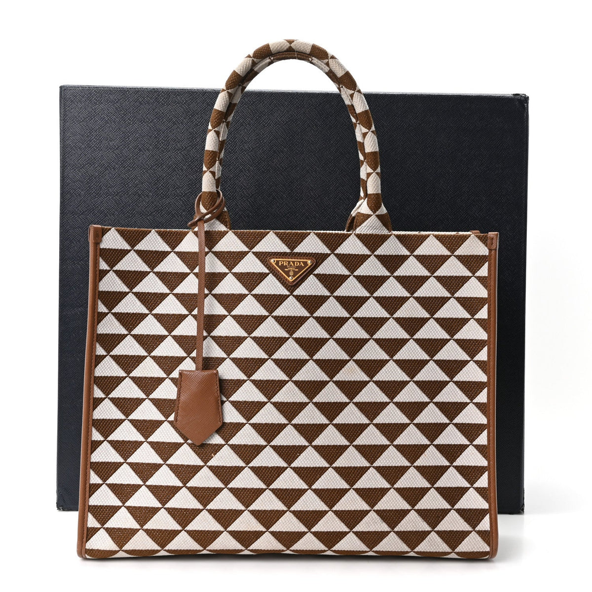 Jacquard Saffiano Triangolo Symbole Embroidered Large Tote Tobacco Talco