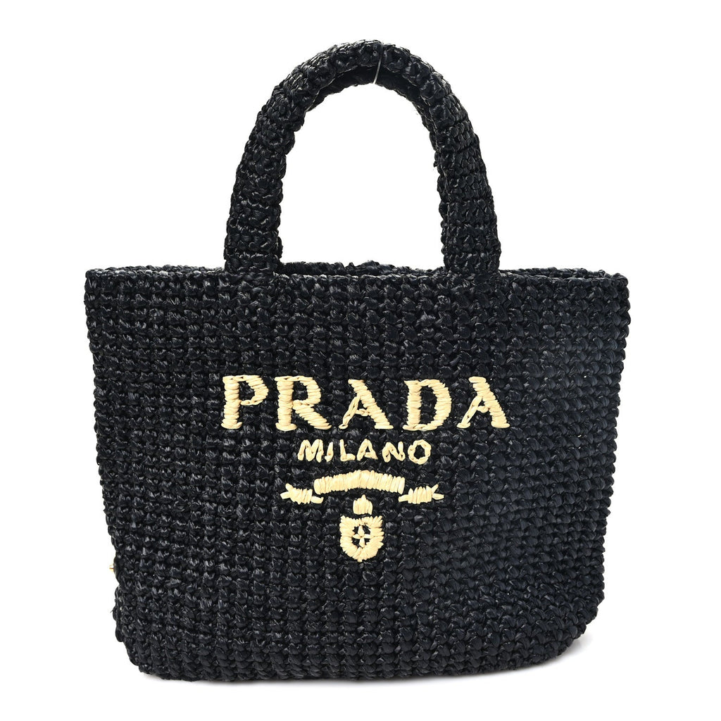 Yarn Raffia Effect Crochet Small Logo Tote Black