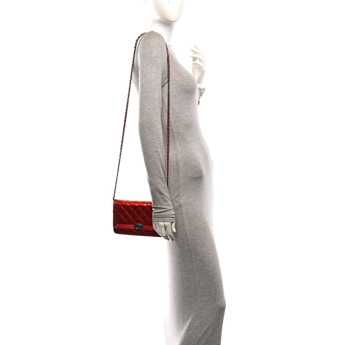 Metallic Patent Calfskin Quilted Boy Wallet On Chain WOC Red