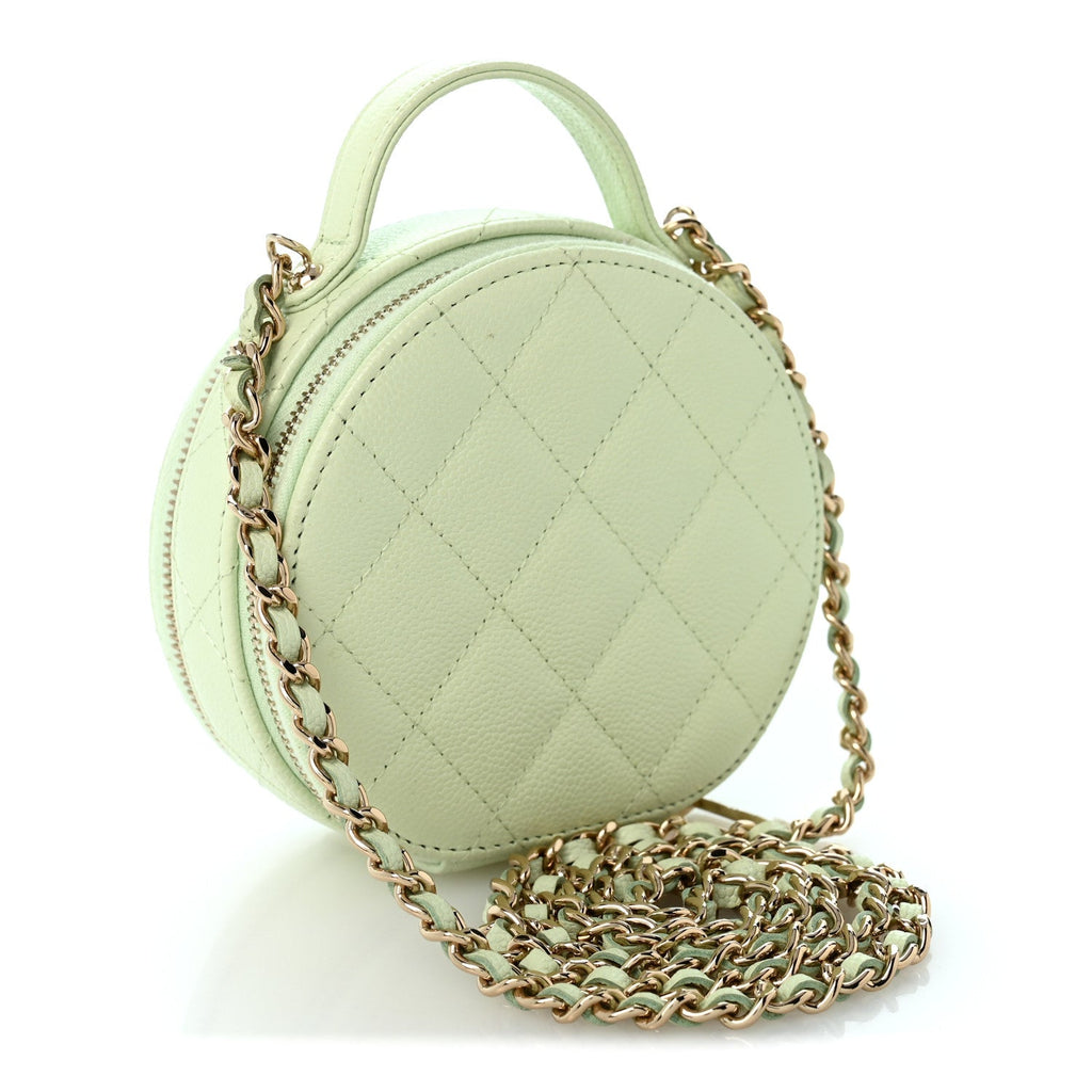 Caviar Quilted Round Handle With Care Vanity With Chain Light Green