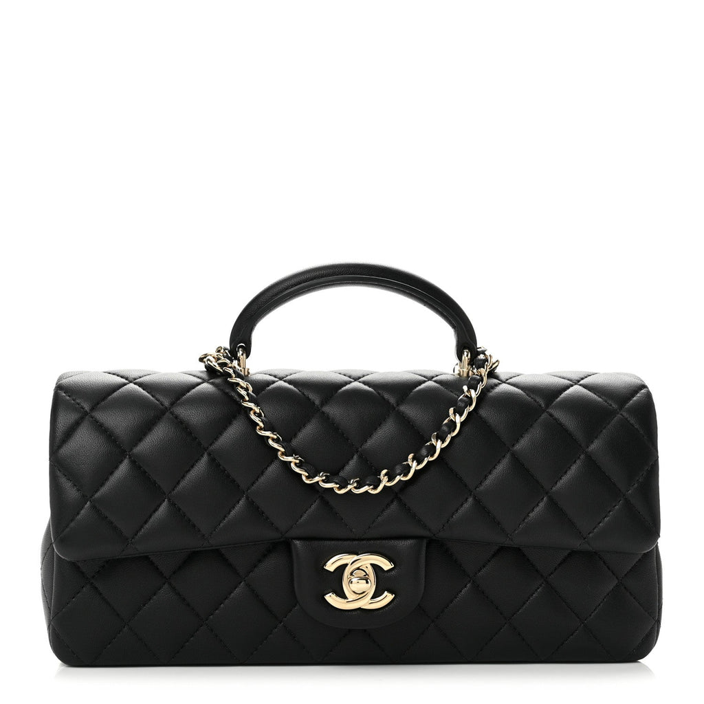 Lambskin Quilted Top Handle East West Flap Black