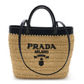 Yarn Raffia Effect Calfskin Crochet Embroidered Medium Logo Tote  Tan Black