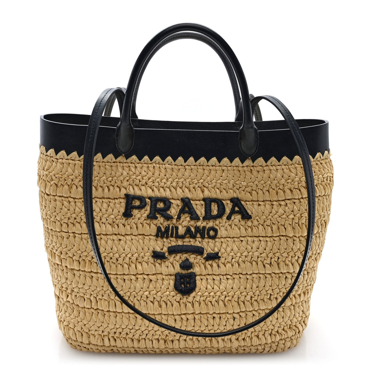 Yarn Raffia Effect Calfskin Crochet Embroidered Medium Logo Tote  Tan Black
