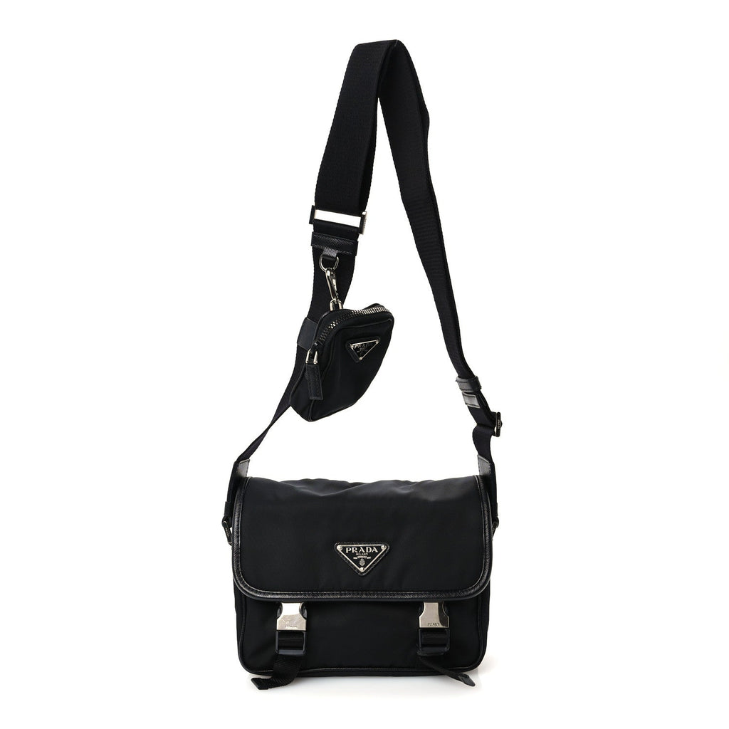 Re-Nylon Saffiano Pocket Double Snap Buckle Shoulder Bag Black