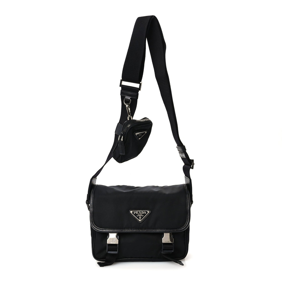 Re-Nylon Saffiano Pocket Double Snap Buckle Shoulder Bag Black