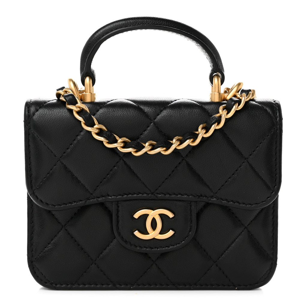 Lambskin Quilted Top Handle Flap Coin Purse With Chain Black
