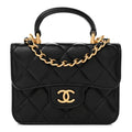 Lambskin Quilted Top Handle Flap Coin Purse With Chain Black