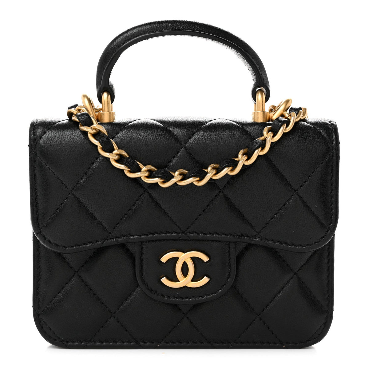 Lambskin Quilted Top Handle Flap Coin Purse With Chain Black