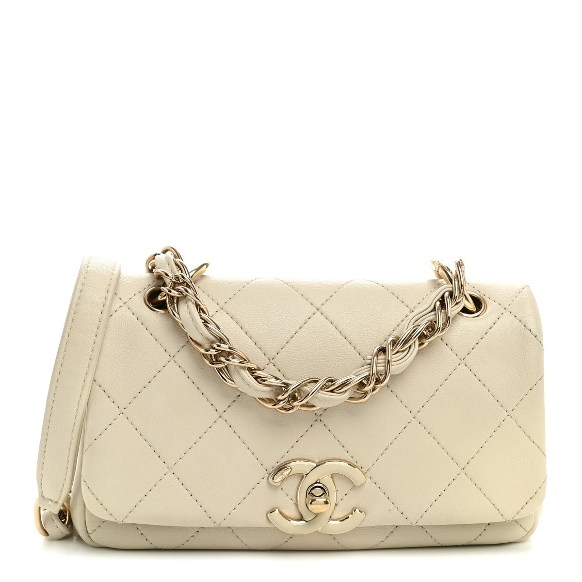 Lambskin Quilted Medium Twist Chain Flap Light Beige