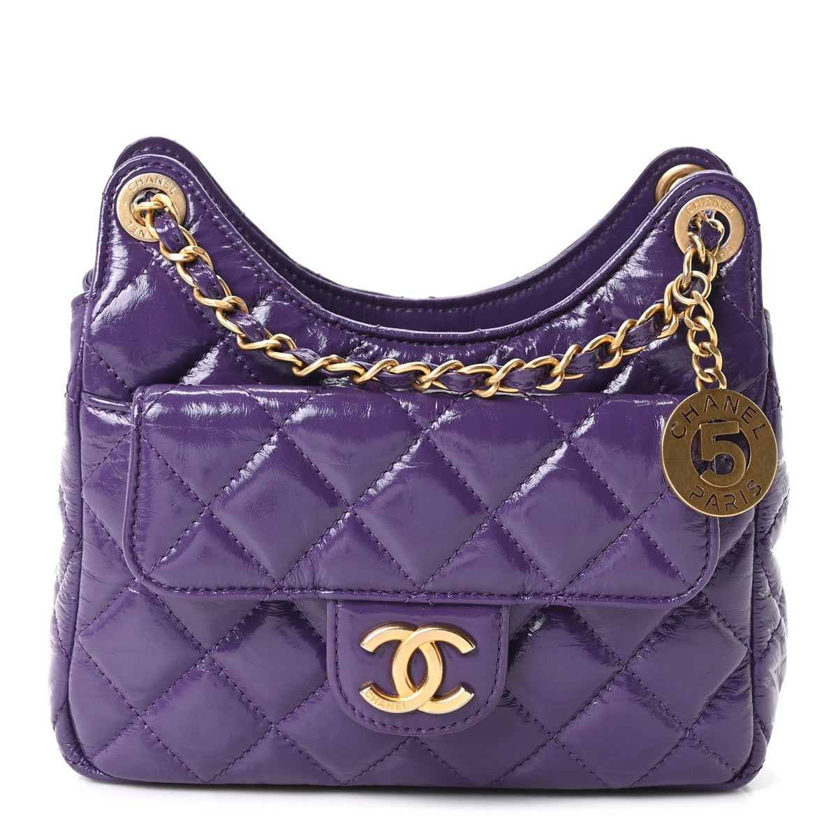 Shiny Crumpled Calfskin Quilted Small Wavy CC Hobo Purple
