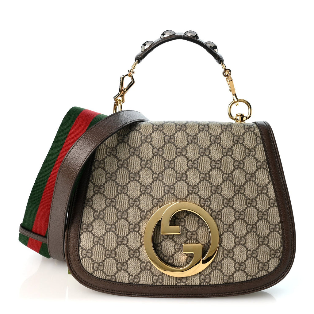 GG Supreme Monogram Textured Dollar Calfskin Web Medium Blondie Top Handle Shoulder Flap Bag Beige Ebony New Acero