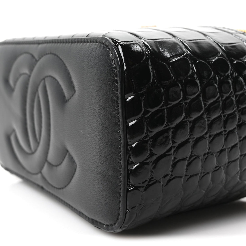 Calfskin Crocodile Embossed Crococo Small Top Handle Vanity Case With Chain Black