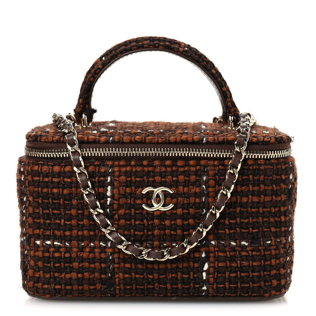 Tweed Small Top Handle Vanity Case With Chain Brown Multicolor