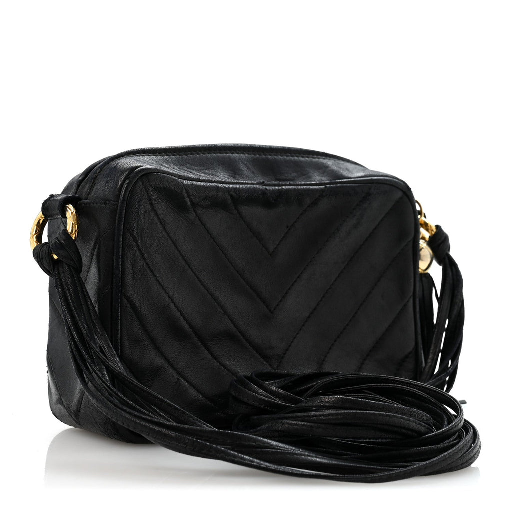 Lambskin Chevron Quilted Tassel Camera Case Black