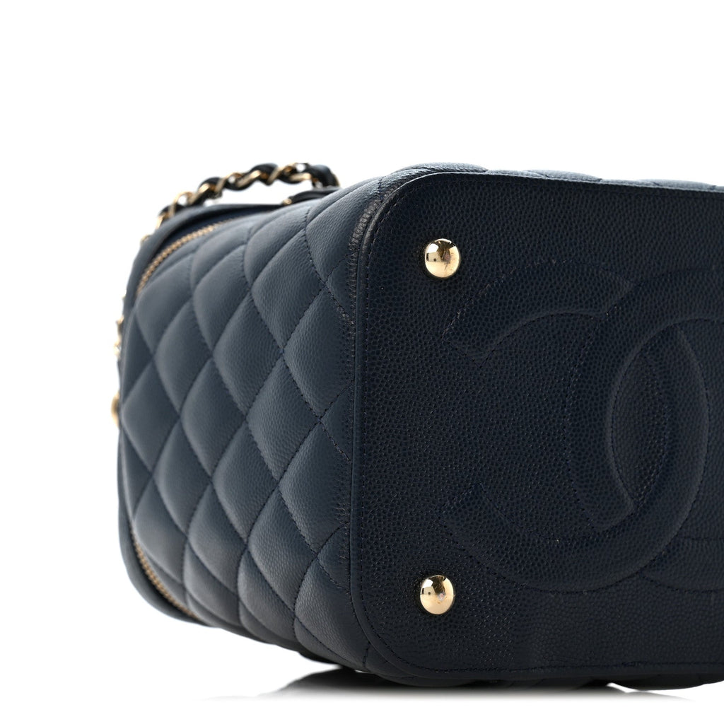 Caviar Quilted Small Top Handle Vanity Case With Chain Navy Blue