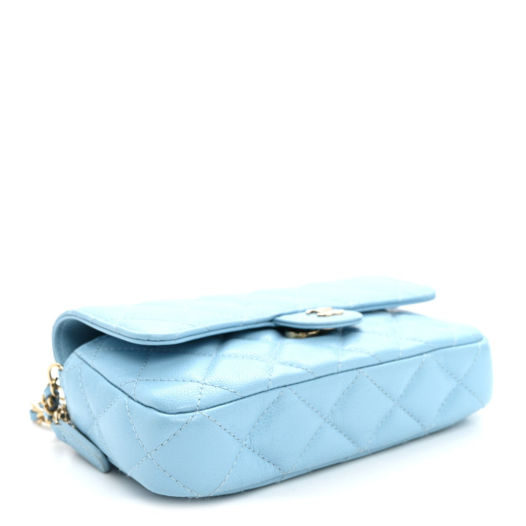 Caviar Quilted Flap Phone Holder With Chain Light Blue