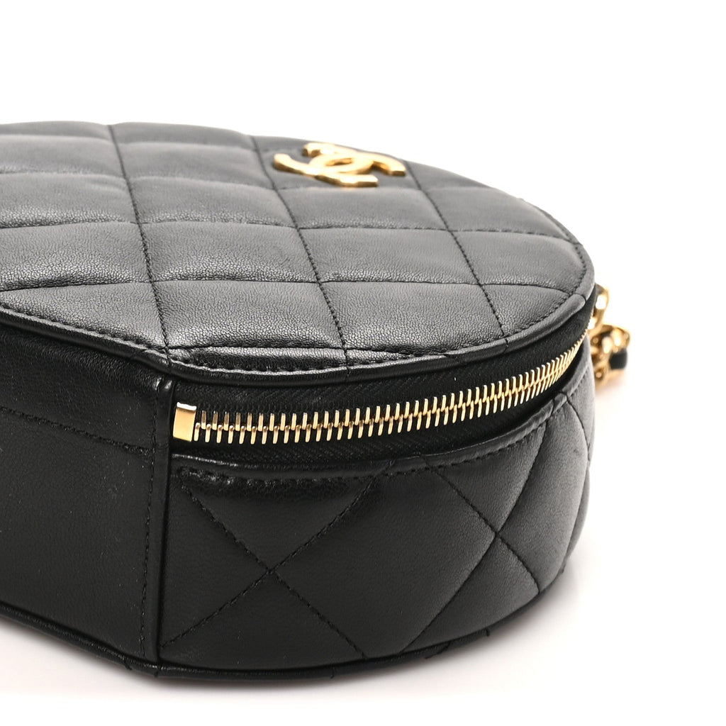 Lambskin Quilted Chain Logo Top Handle Small Round Black