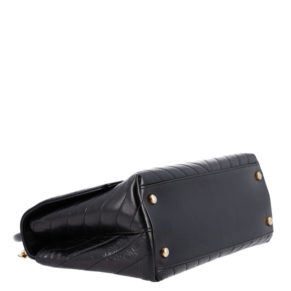 Aged Calfskin Chevron Quilted Small Coco Handle Flap Black