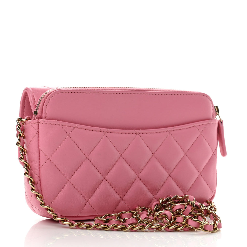 Lambskin Quilted Flap Phone Holder With Chain Pink