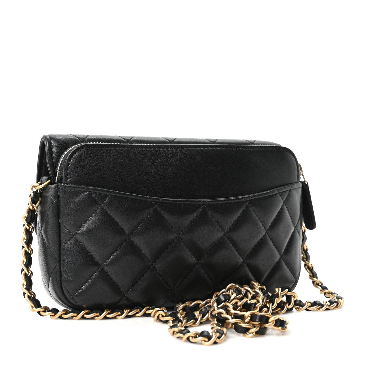 Lambskin Quilted Charm Flap Phone Holder With Chain Black