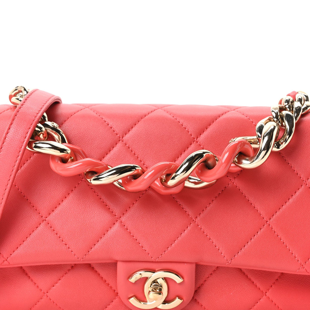 Lambskin Quilted Resin Bi-Color Chain Flap Bag Red