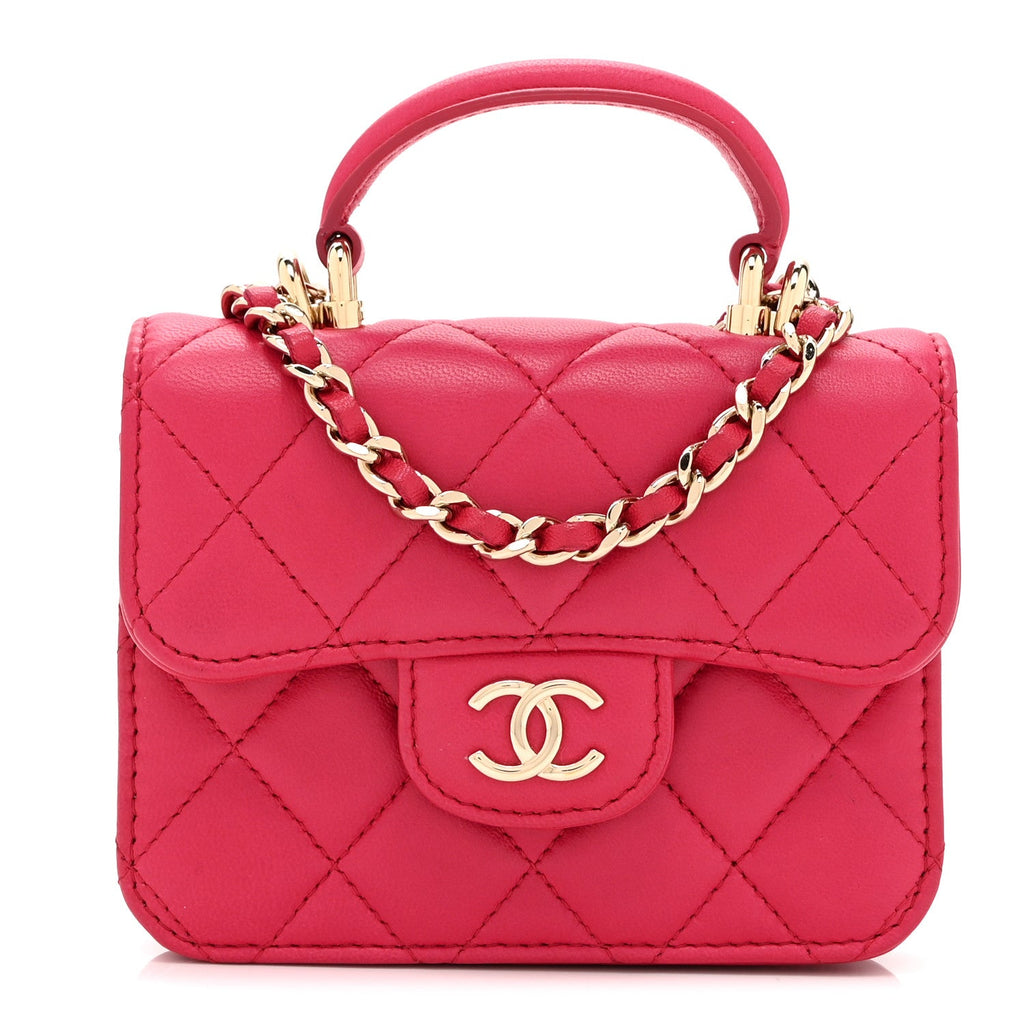 Lambskin Quilted Top Handle Flap Coin Purse With Chain Dark Pink