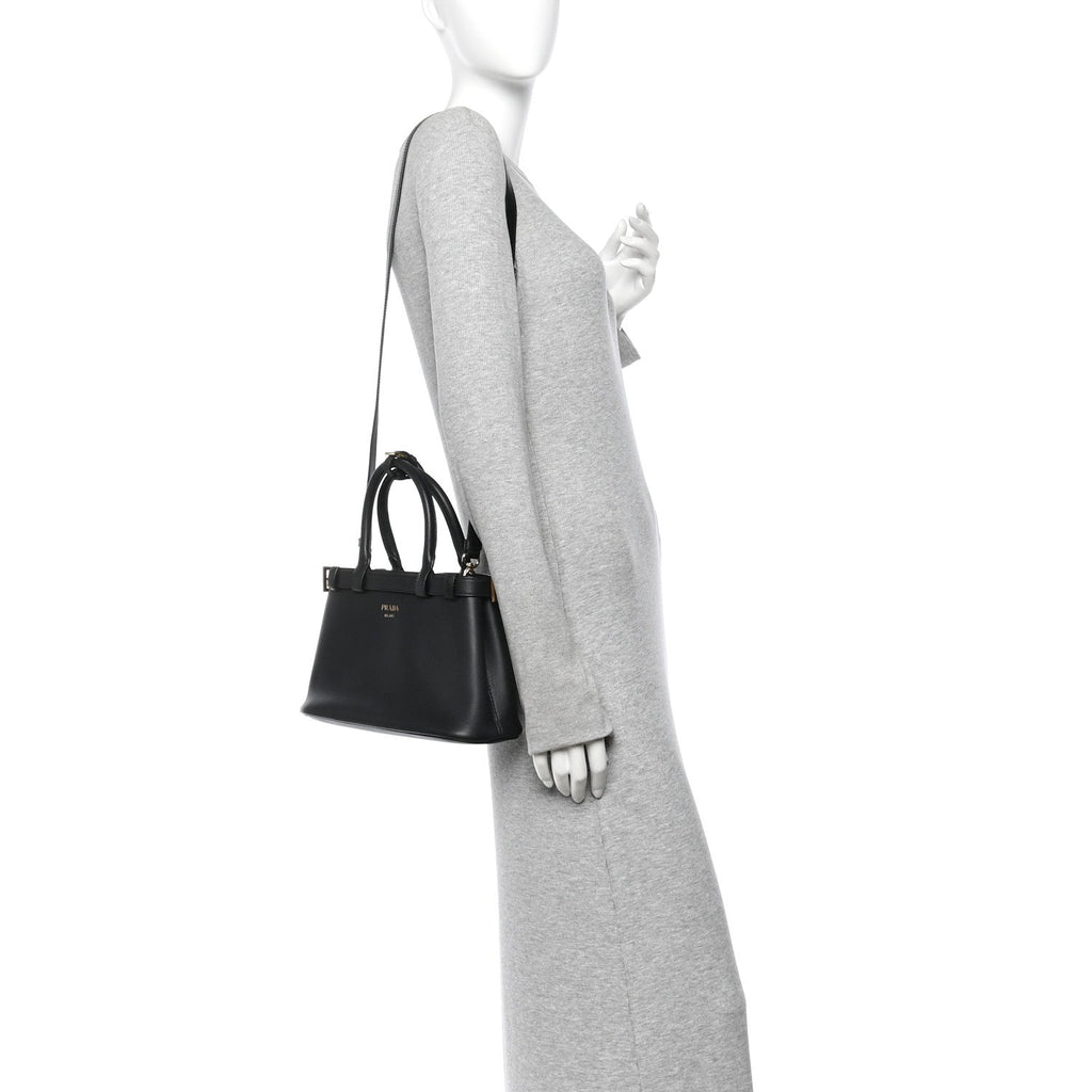 Soft Grain Calfskin Small Double Belt Tote Black