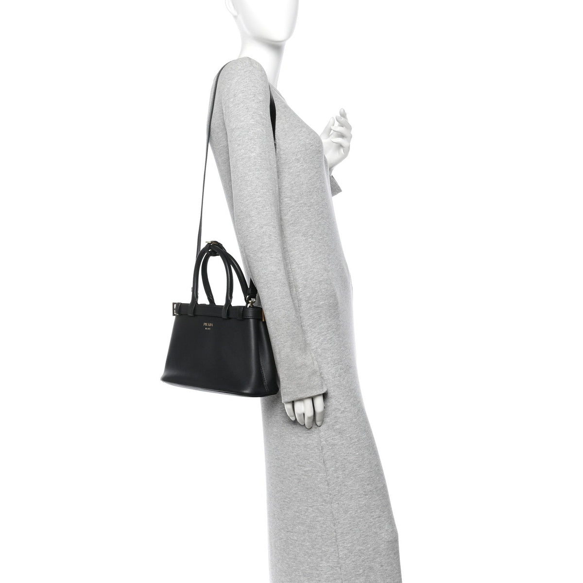 Soft Grain Calfskin Small Double Belt Tote Black