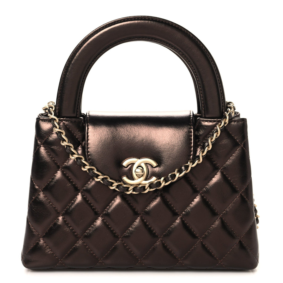 Metallic Aged Calfskin Quilted Nano Kelly Shopper Dark Brown