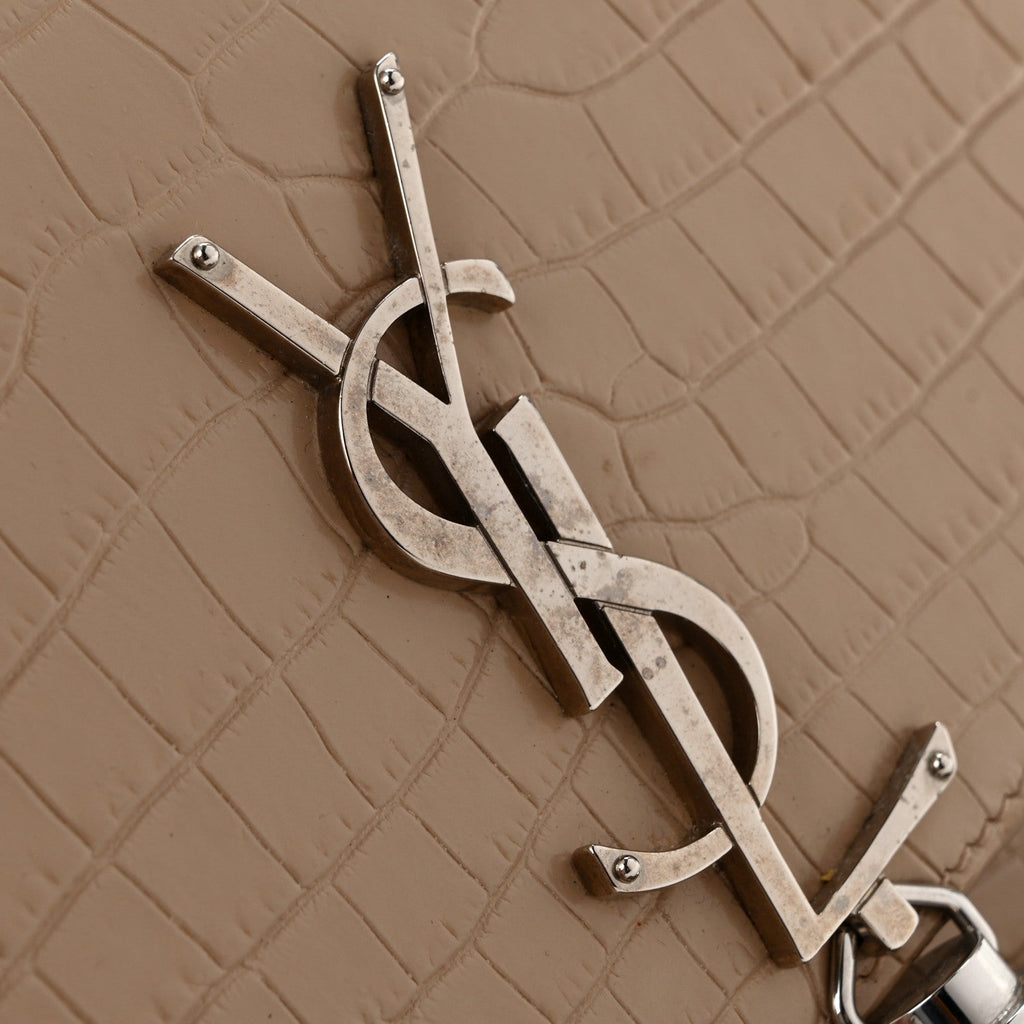 Calfskin Crocodile Embossed Small Classic Monogram Kate Tassel Satchel Beige