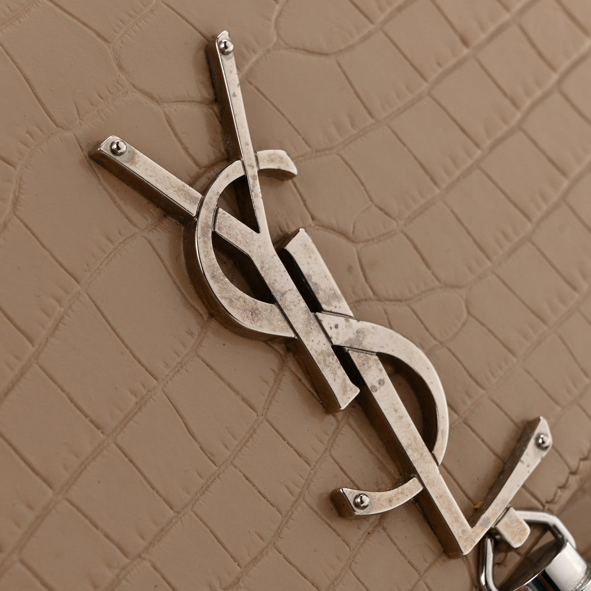 Calfskin Crocodile Embossed Small Classic Monogram Kate Tassel Satchel Beige