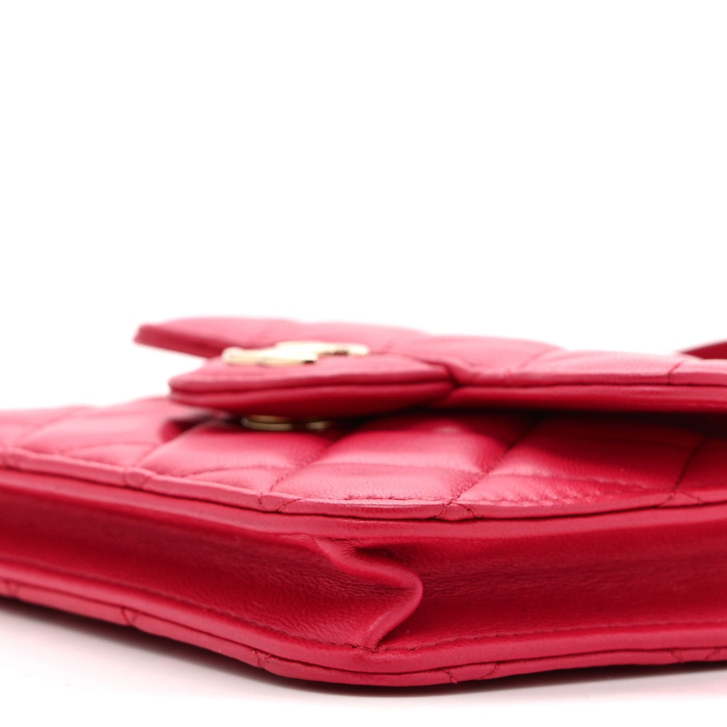 Lambskin Quilted Top Handle Flap Coin Purse With Chain Dark Pink