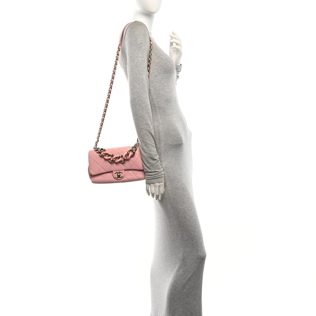 Lambskin Quilted Resin Bi-Color Chain Flap Bag Pink