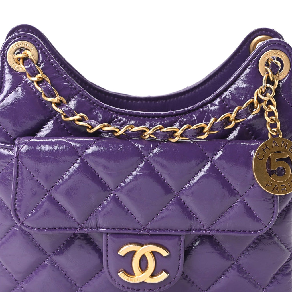 Shiny Crumpled Calfskin Quilted Small Wavy CC Hobo Purple