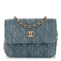 Denim Quilted CC Pearl Crush Clutch With Chain Blue
