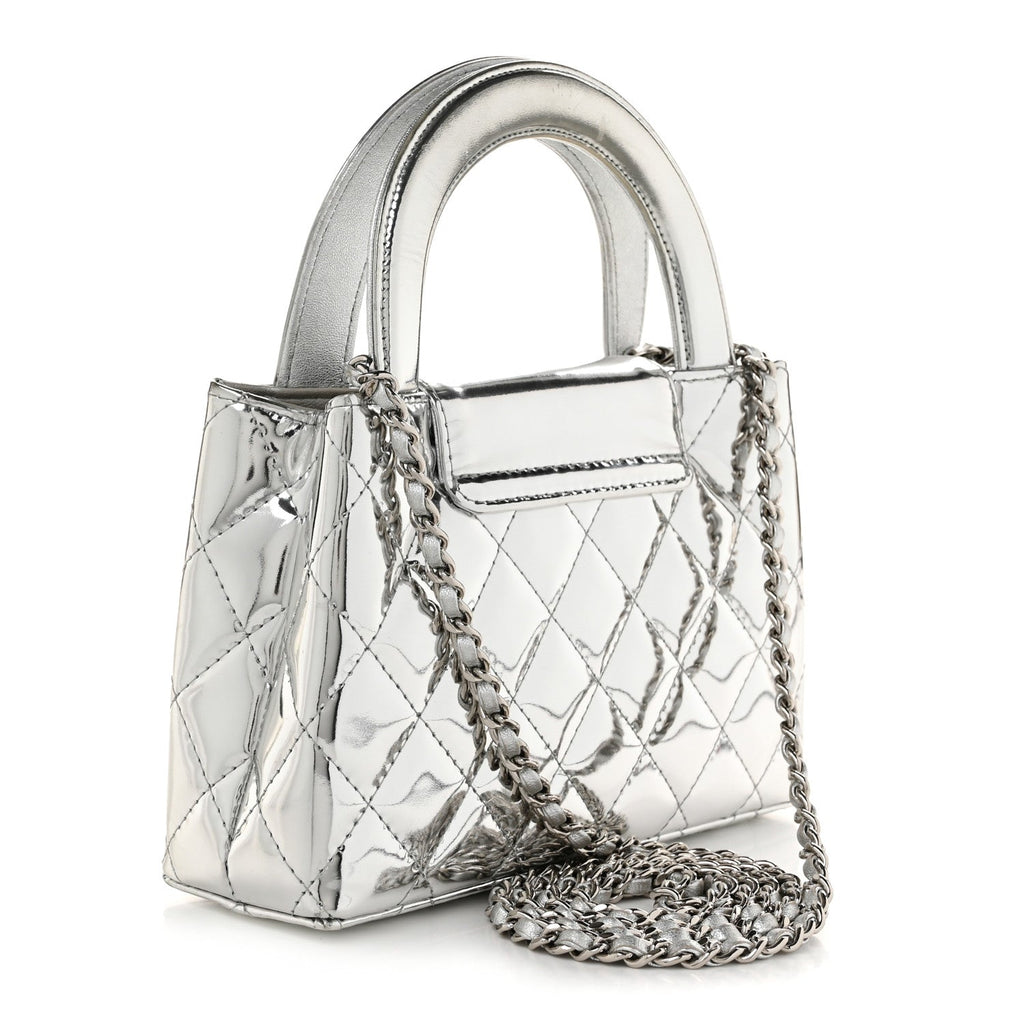 Mirror Calfskin Metallic Calfskin Quilted Nano Kelly Shopper Silvery