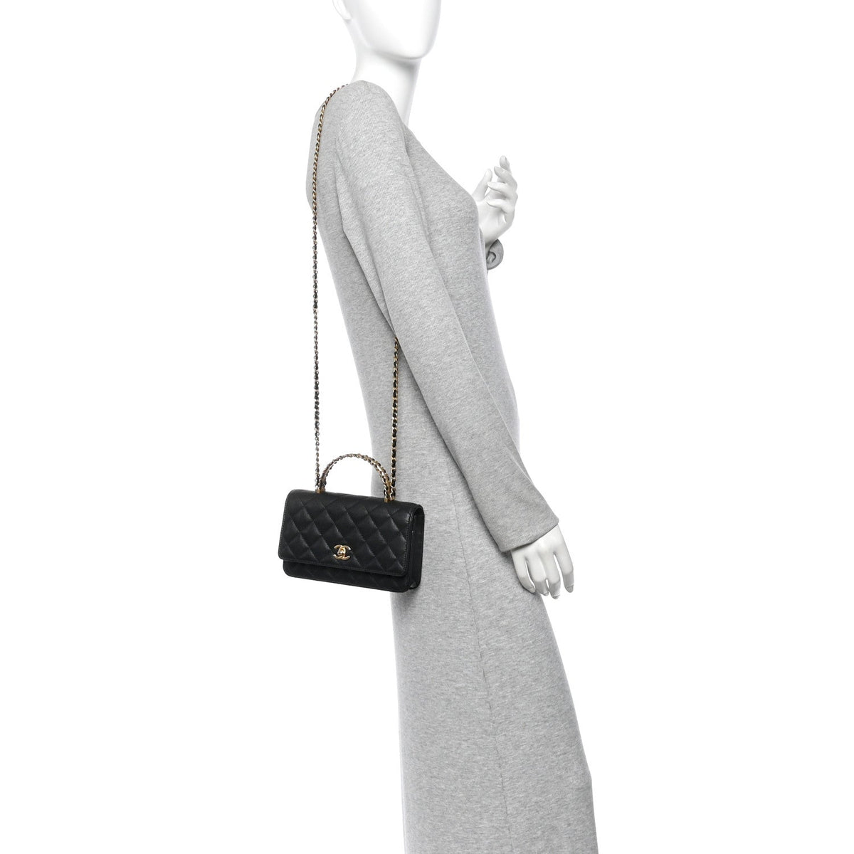 Shiny Caviar Quilted Pick Me Up Wallet On Chain WOC Black