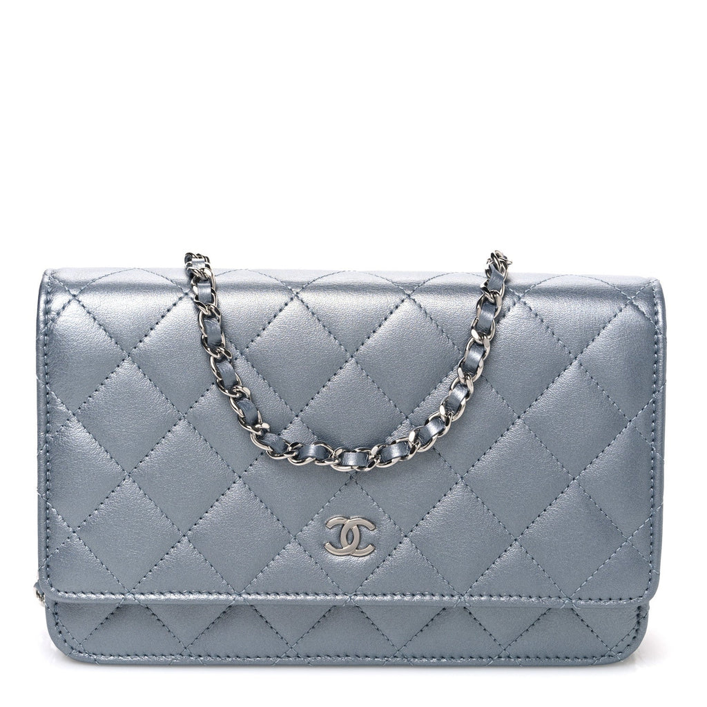Metallic Lambskin Quilted Wallet On Chain WOC Silver